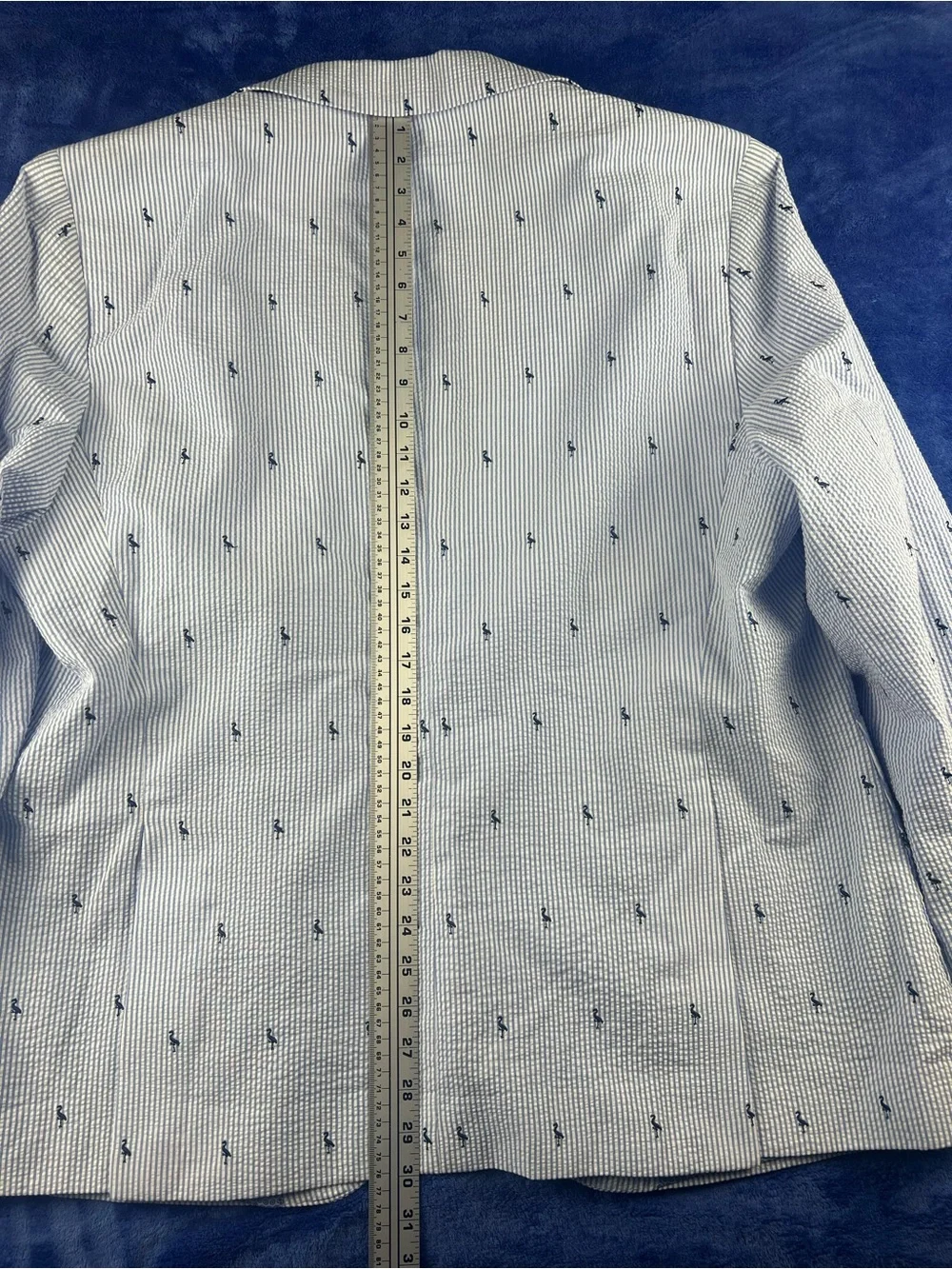 Tailorbyrd Mens Blazer 48R Seersucker Cotton Blue White Embroidered Flamingo